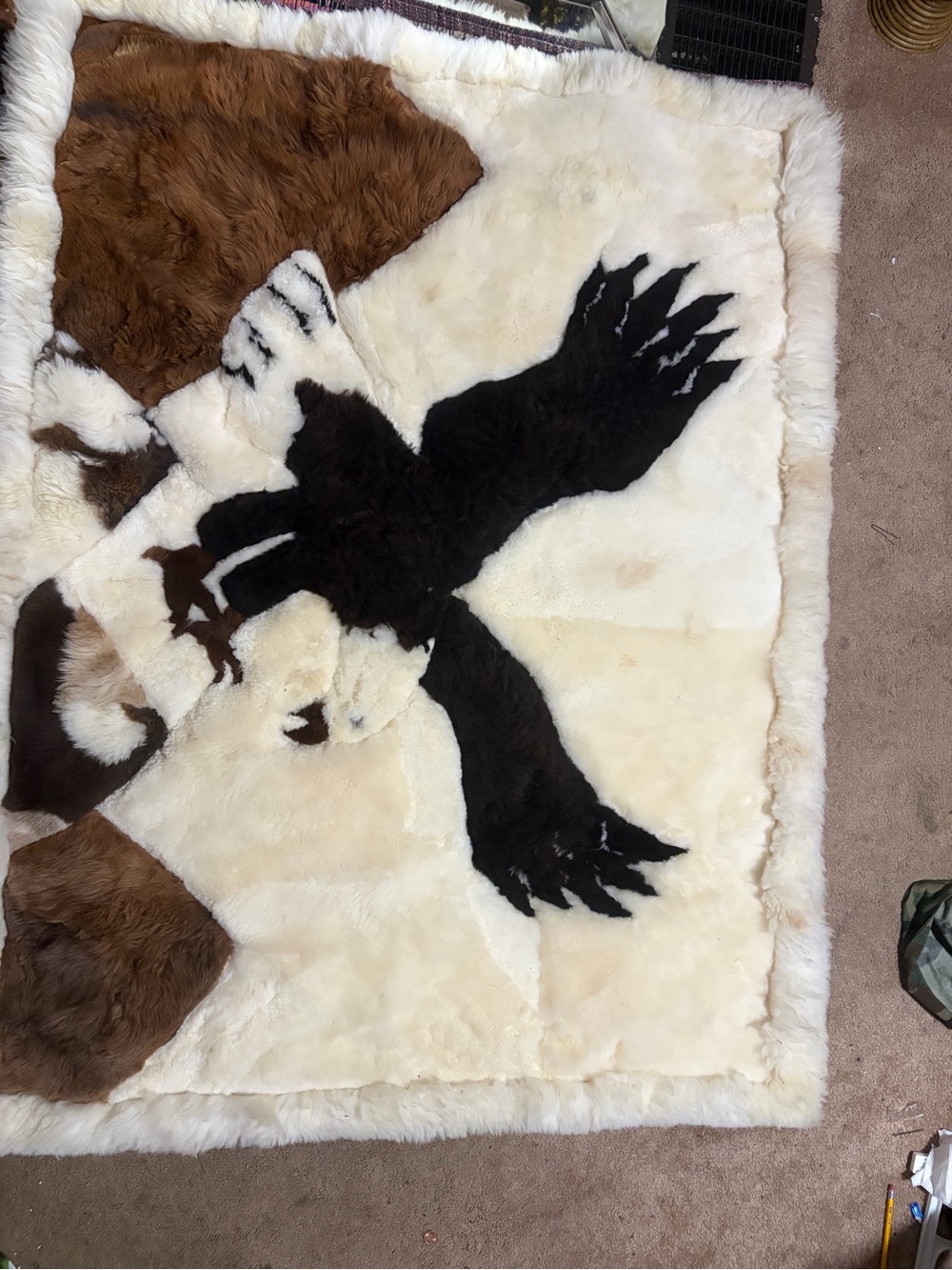 Decorative 100% Alpaca Fur Rug with Soaring Eagle Design - Cream, Black & Brown